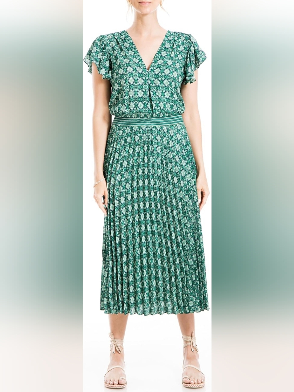 Max Studio Green Floral-Patterned V-Neck Dress